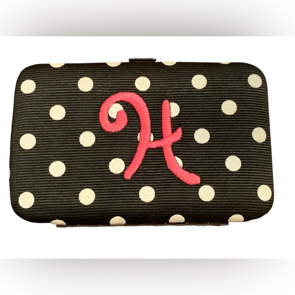 Letter H Initial Hot Pink Embroider Black White Polka Dot Hard Case Card Wallet